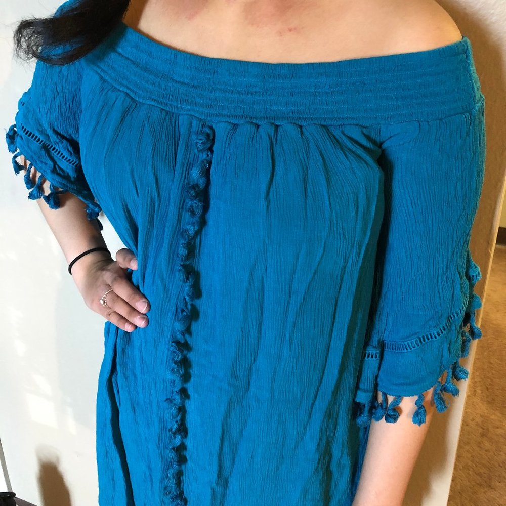 Off-the-Shoulder Boho Blue Festival Dress